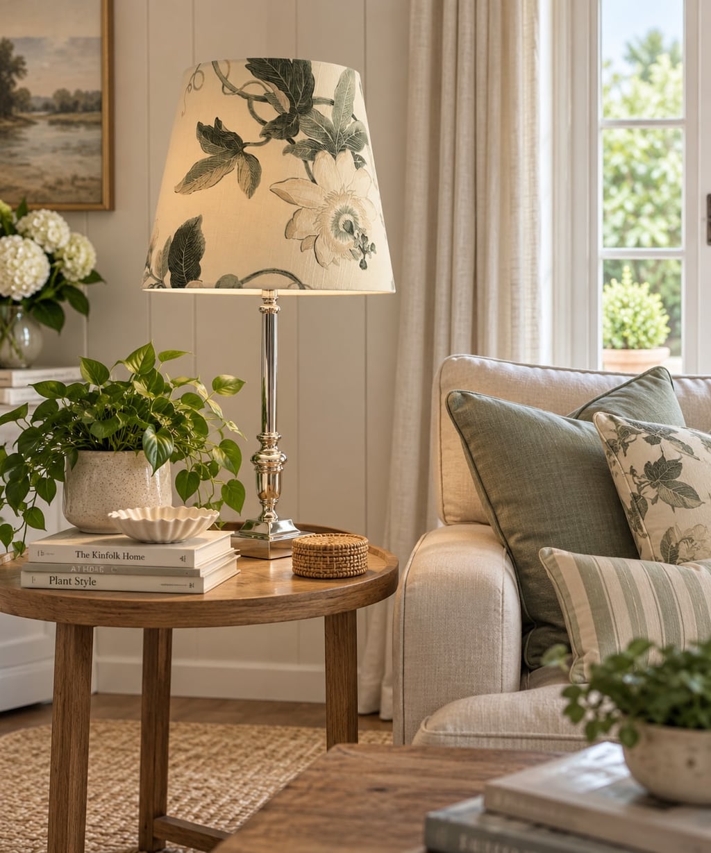 Floral fabric lampshade on a timber side table beside a sofa with cushions