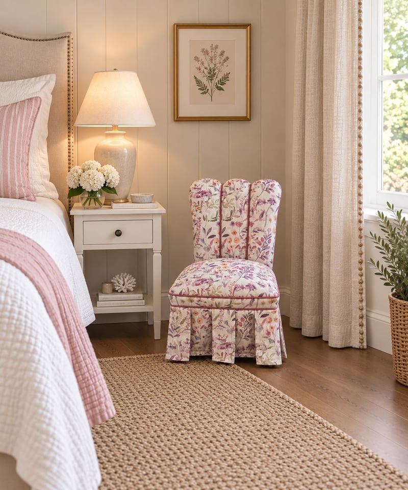 Floral upholstered bedroom chair with a skirted base beside cream curtains