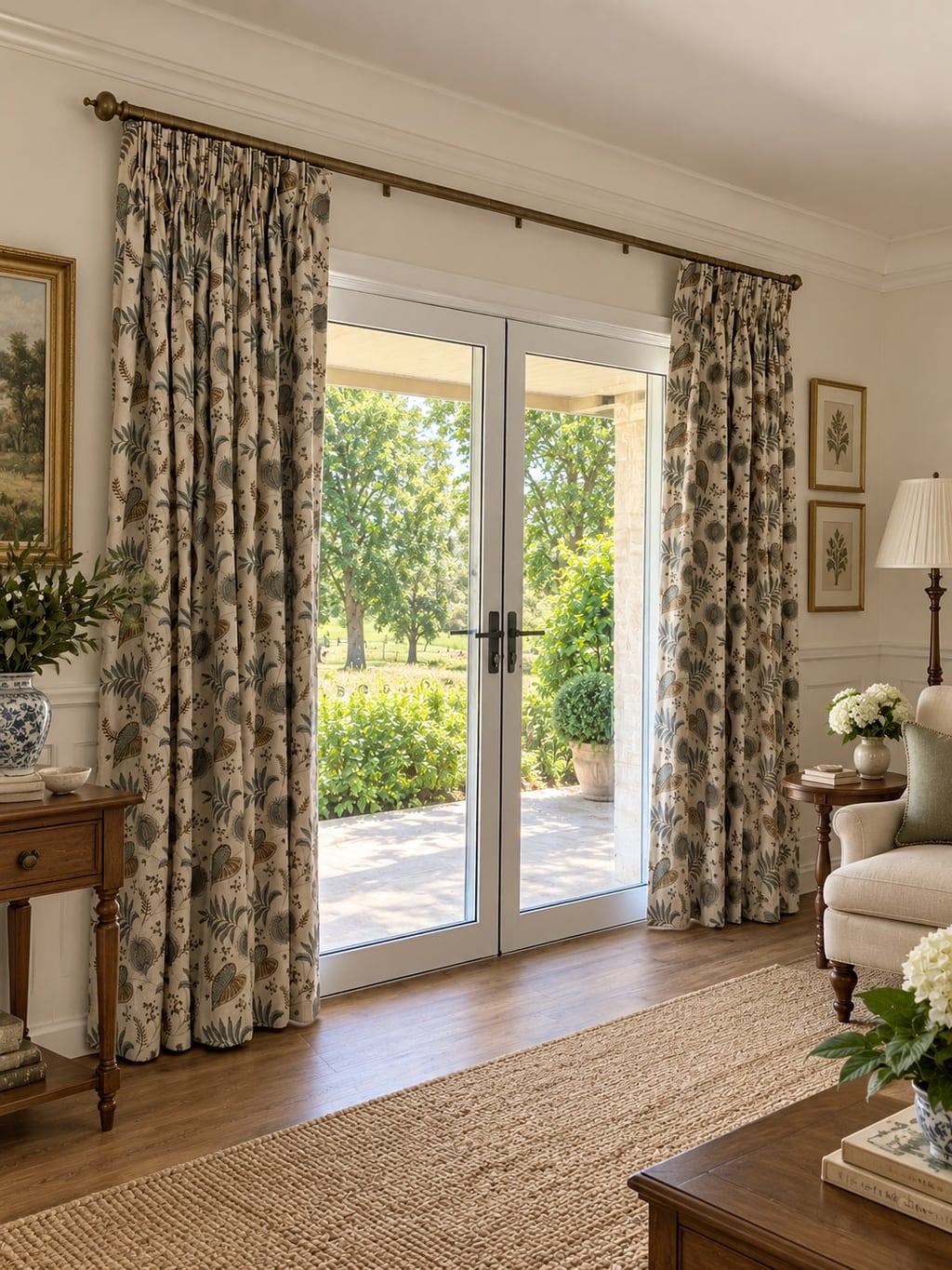 Pencil-pleat floral curtains on a brass rod framing white French doors