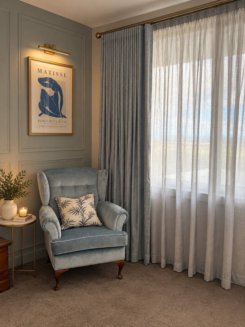 Grey velvet curtains with sheer voile beside a pale blue upholstered armchair
