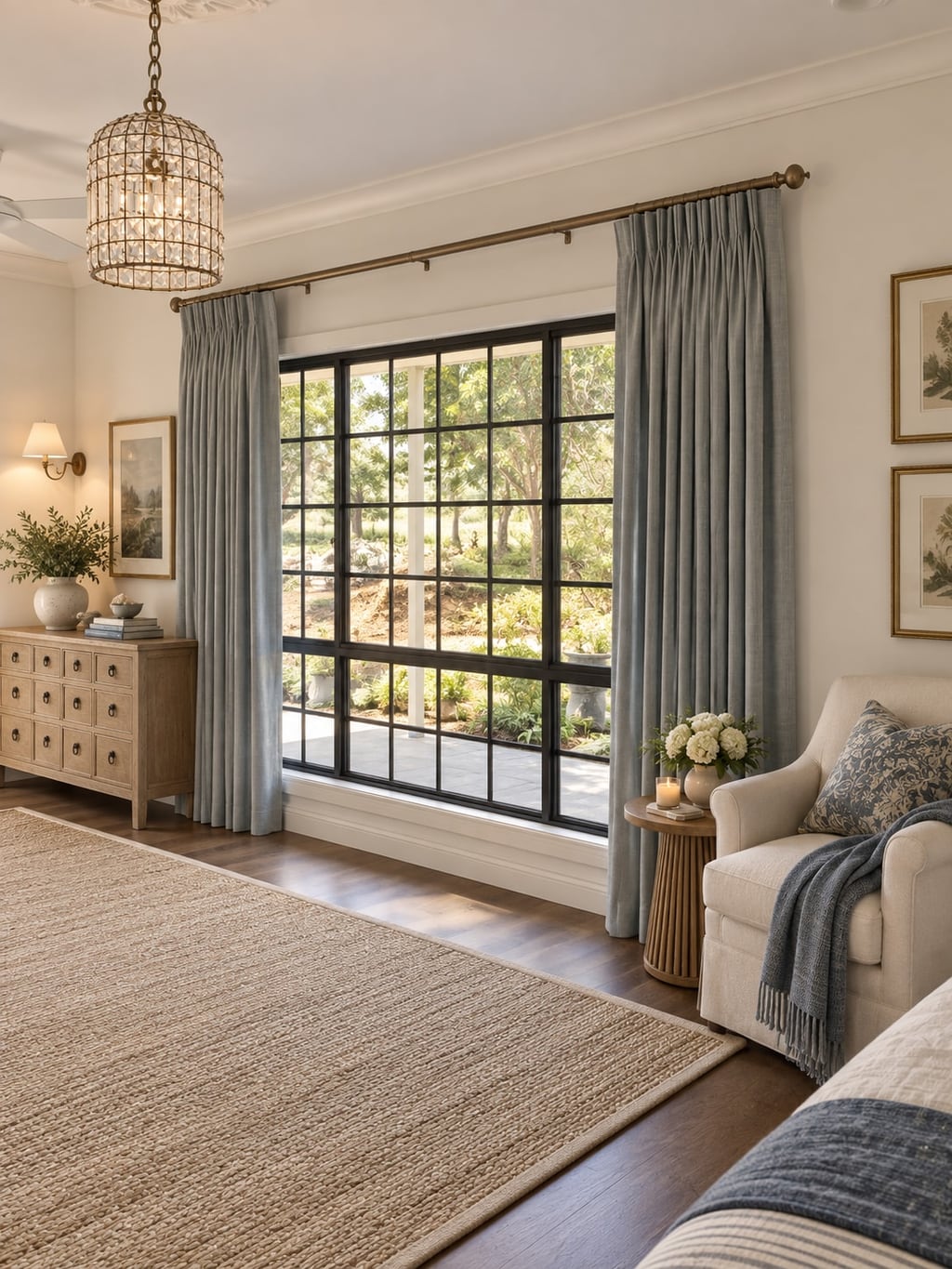 Pale blue pencil-pleat curtains framing a black-grid window in a living room