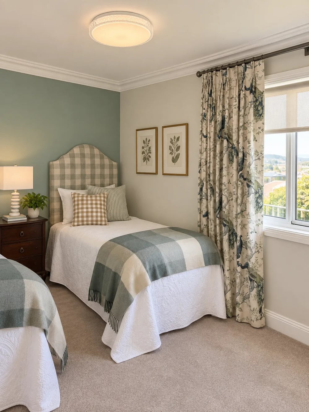 Bedroom with a check headboard, plaid throw and floral curtains beside a window