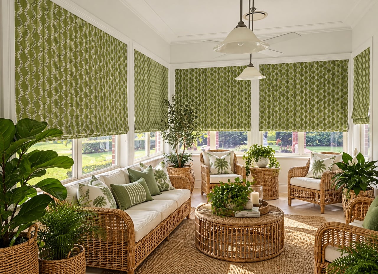 Sunroom with green patterned roman blinds, rattan seating and potted plants