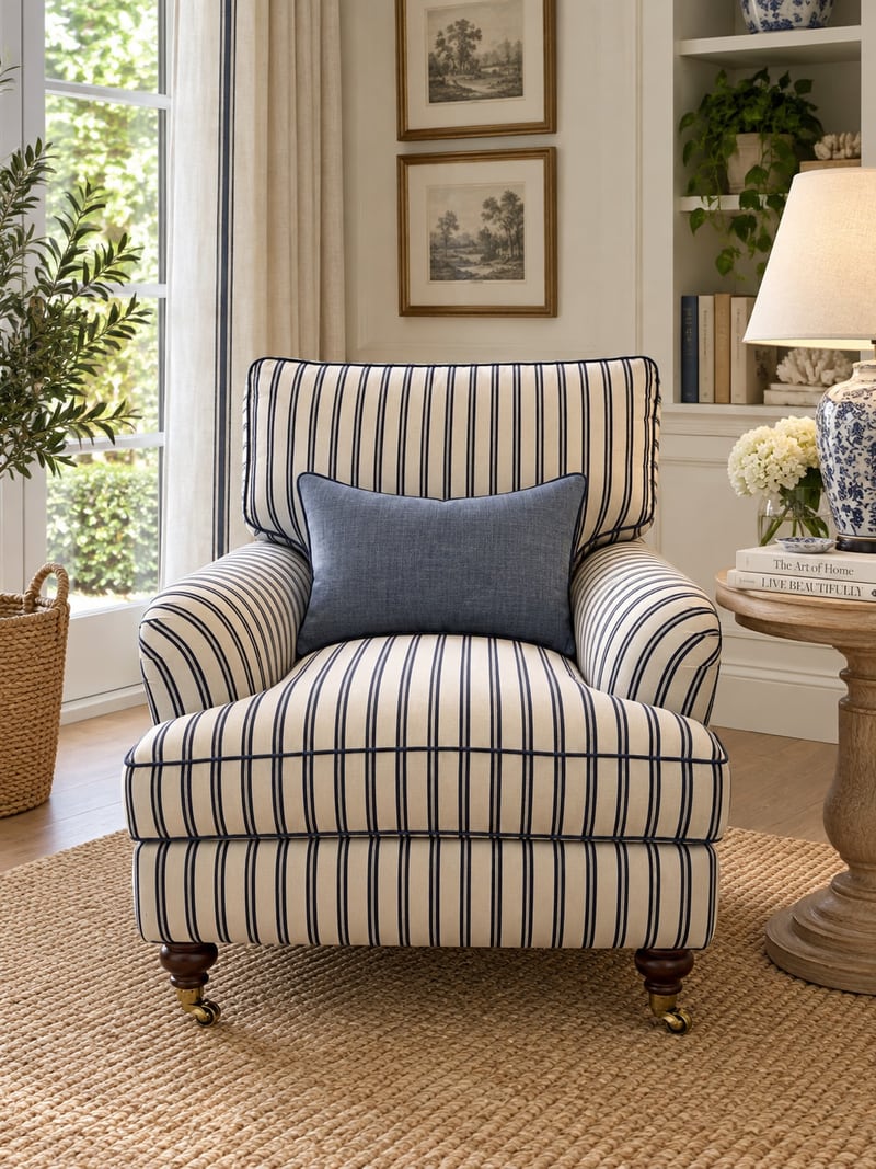 Navy-and-white striped armchair with a blue lumbar cushion