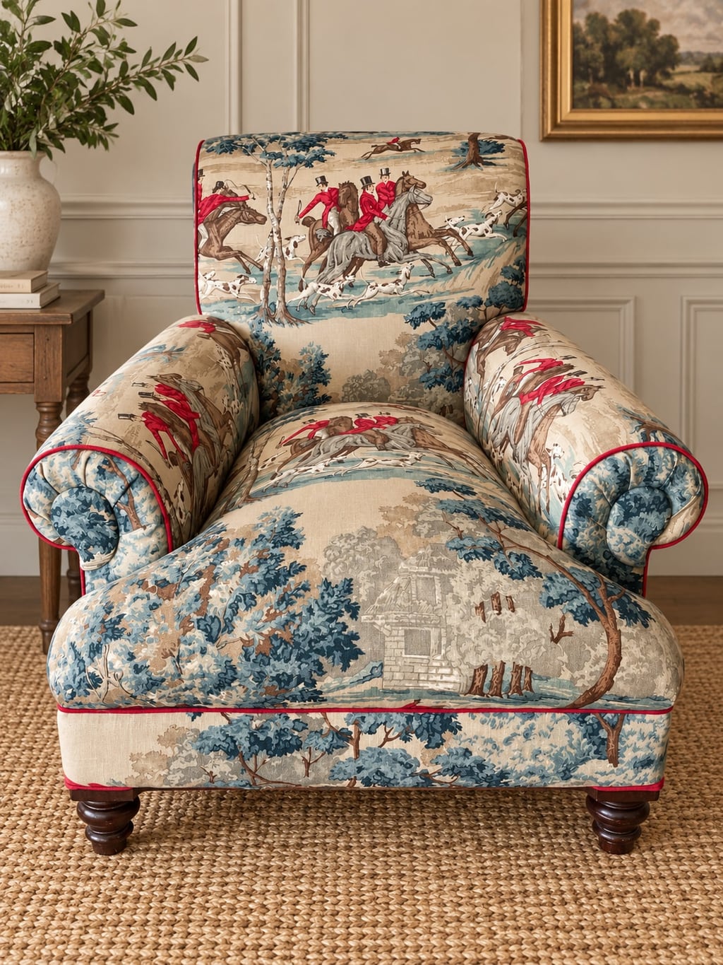 Upholstered armchair in a hunting-scene toile fabric with red piping